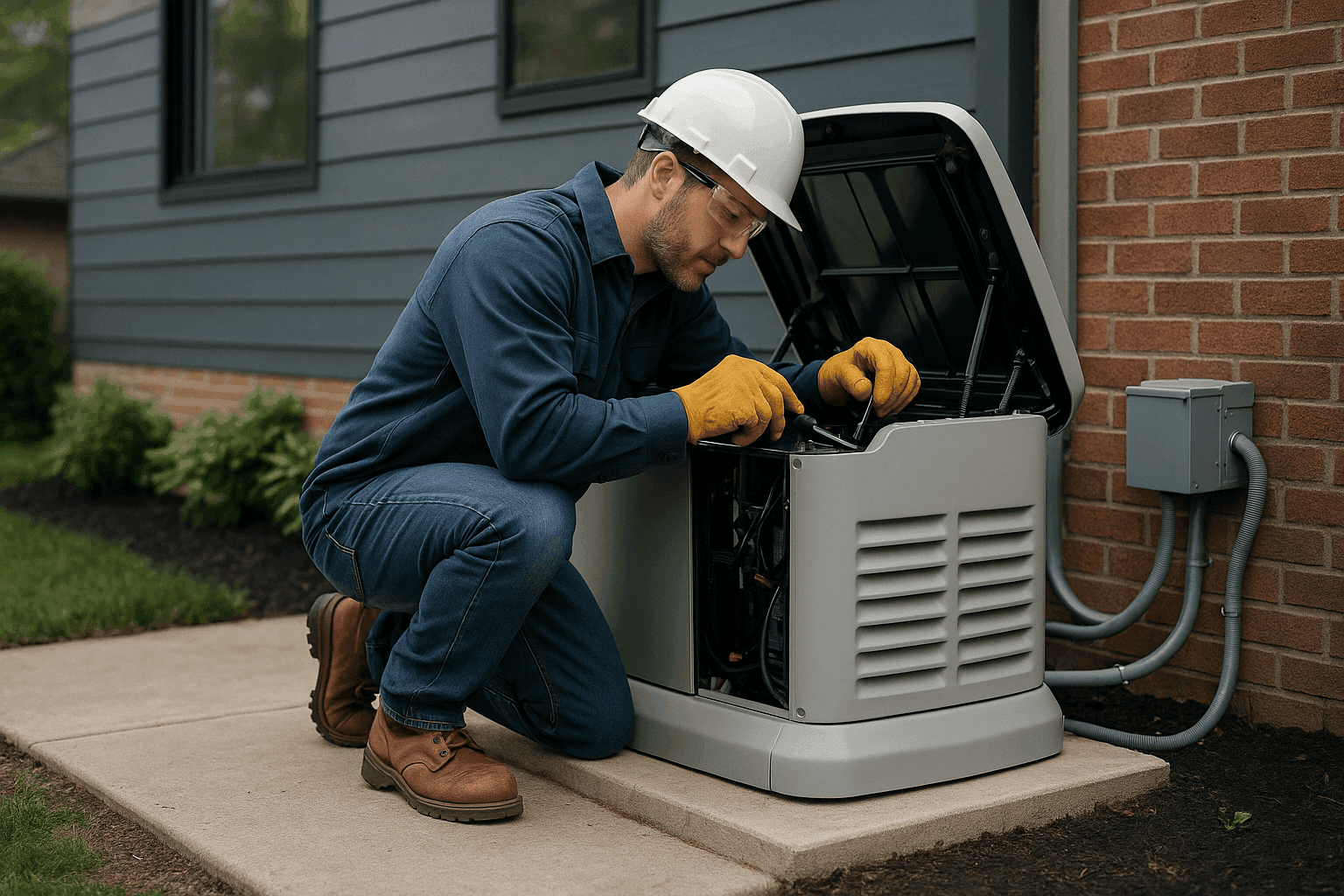Electrician installing residential backup generator outside home