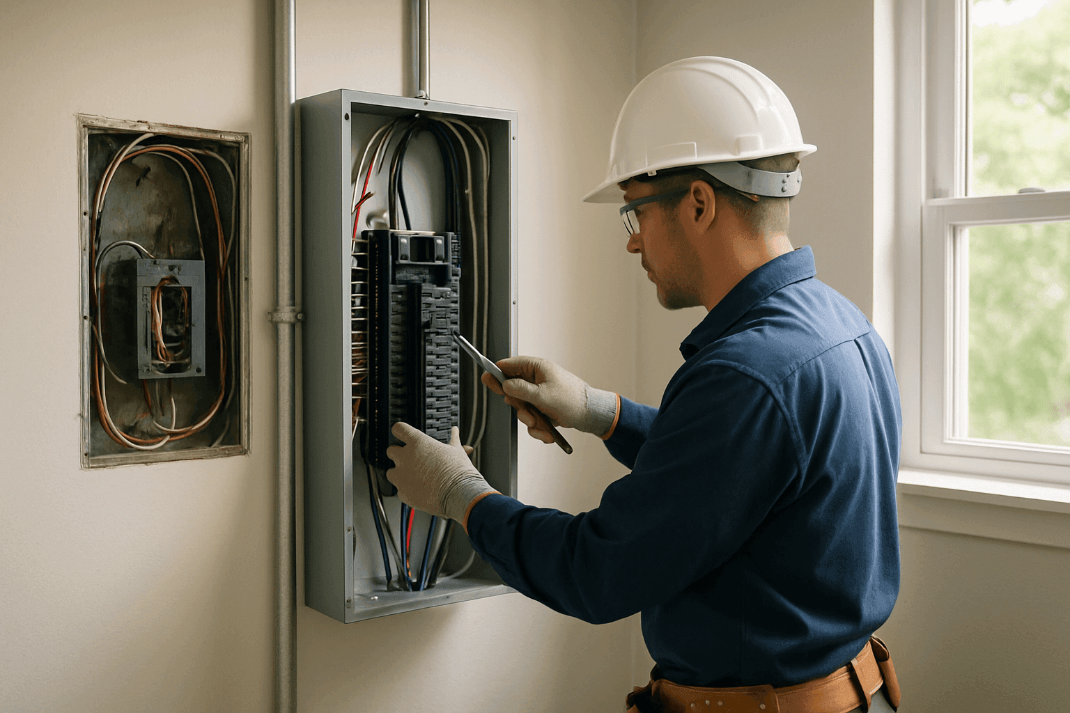 Electrician replacing an old electrical panel with a modern breaker box