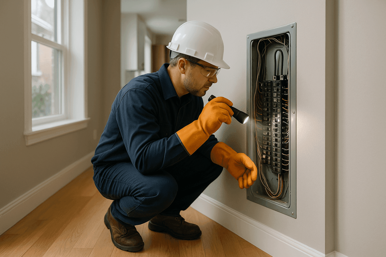 Electrician in PPE inspecting a home breaker panel during an emergency