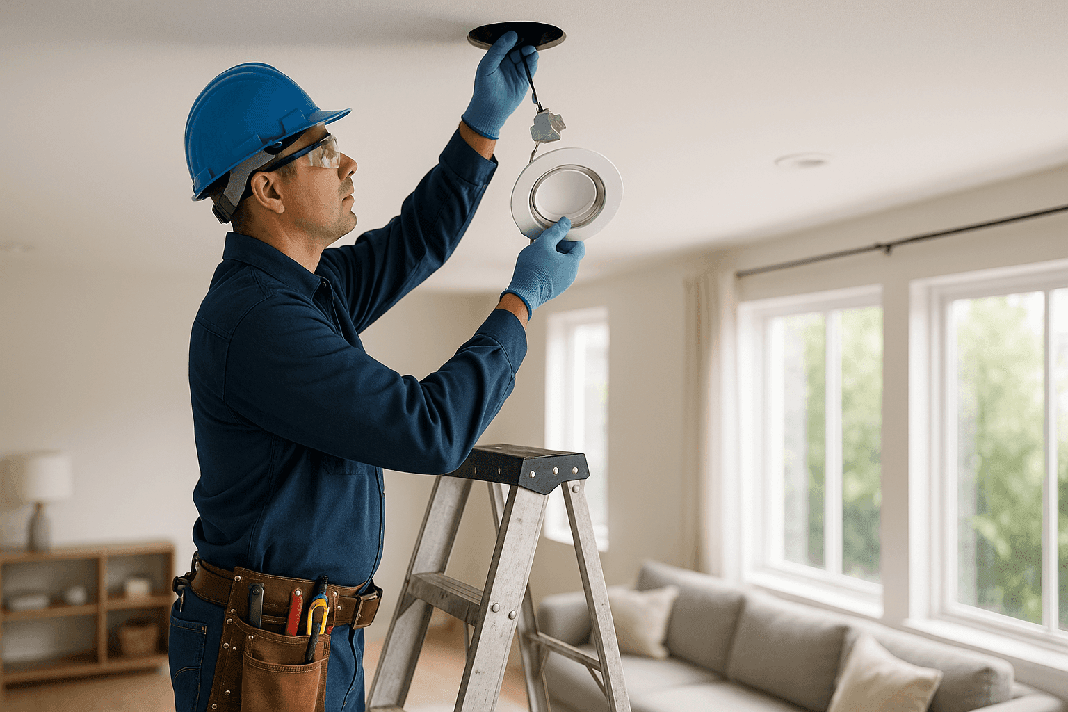 Electrician installing modern LED recessed lighting in living room