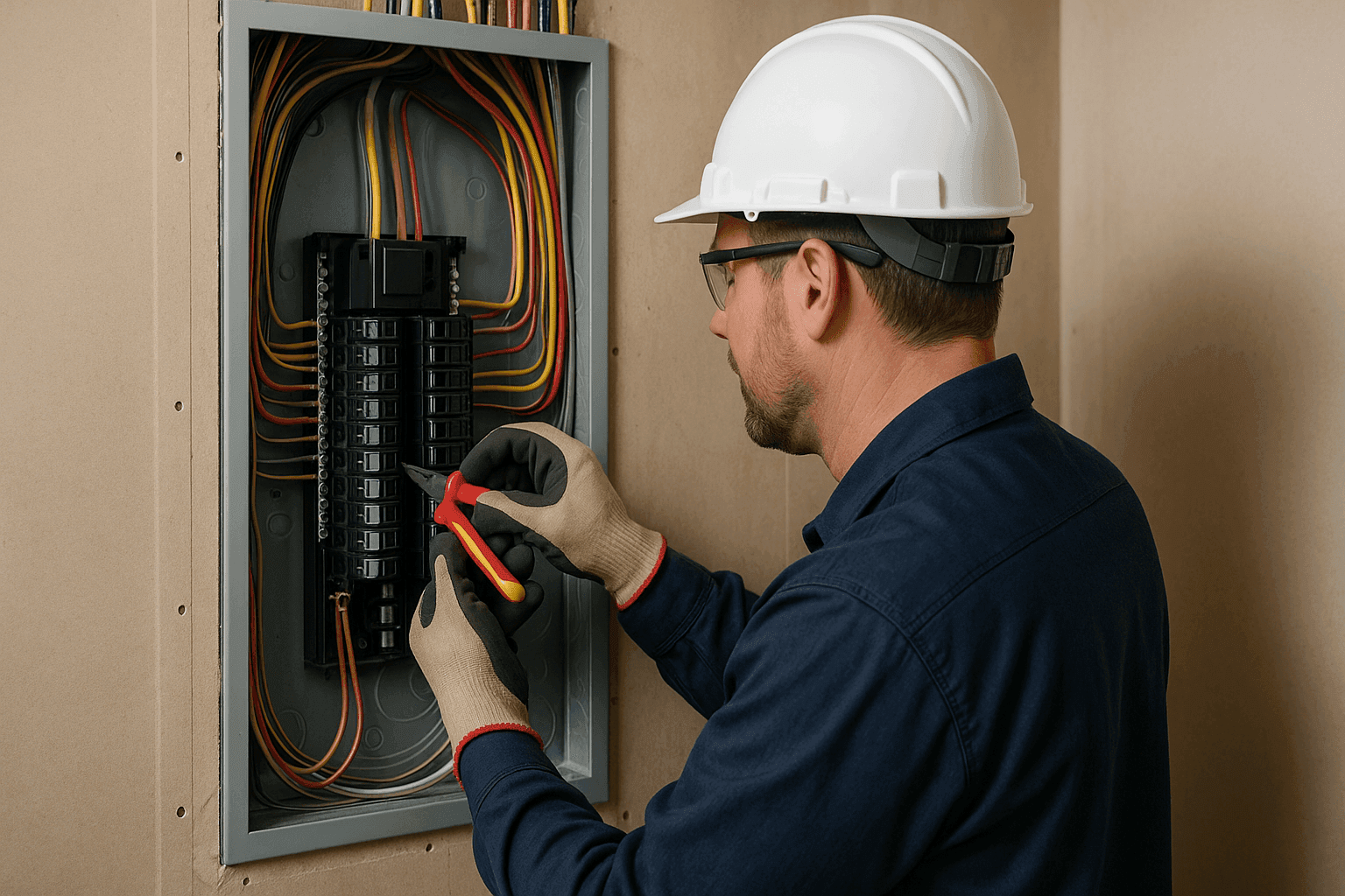 Electrician rewiring home electrical panel with tools and wiring exposed