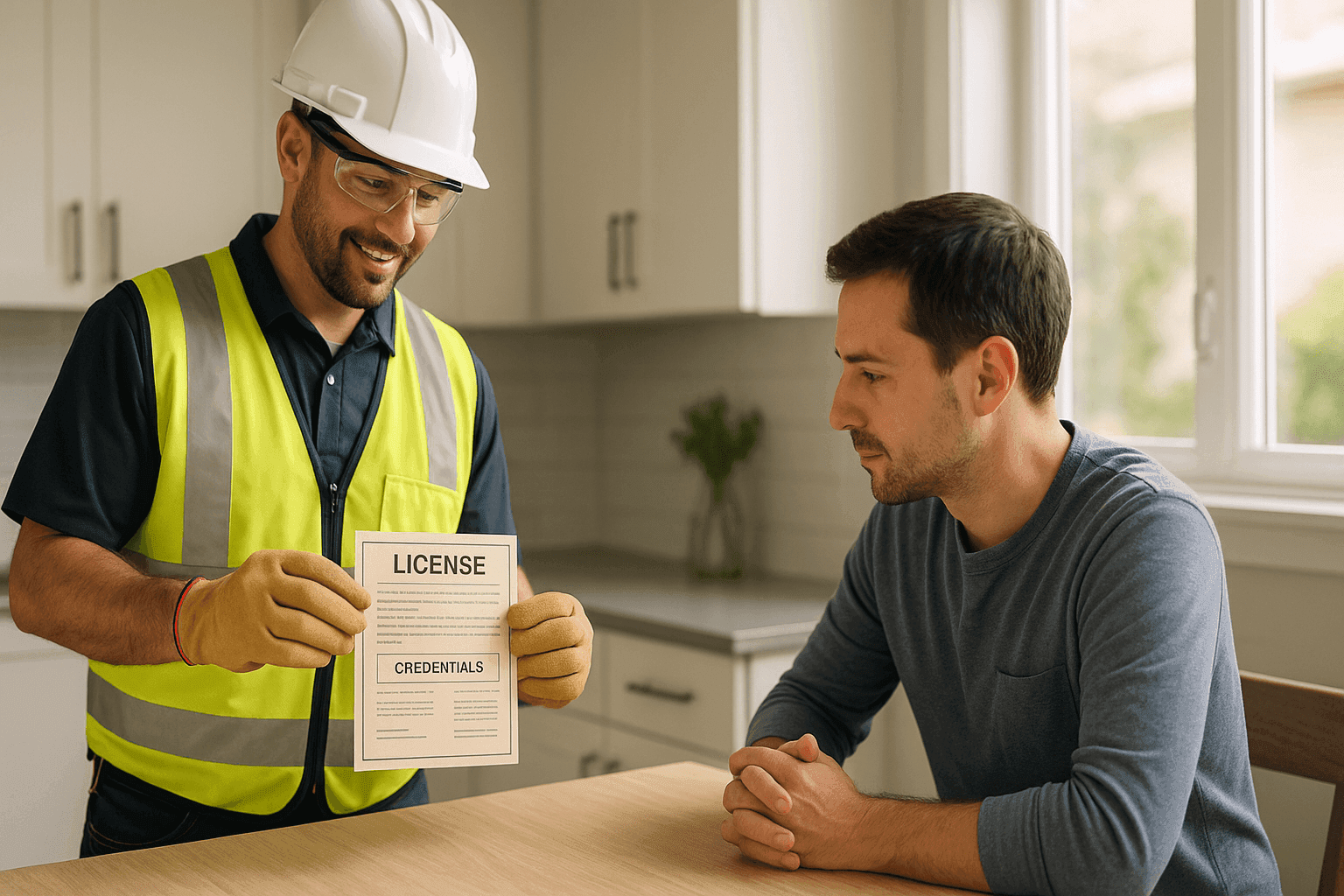 Homeowner reviewing electrician's credentials and license documents