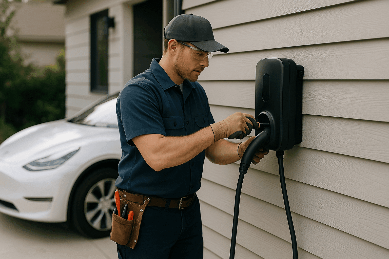 Electrician installing a home EV charger on a house exterior wall