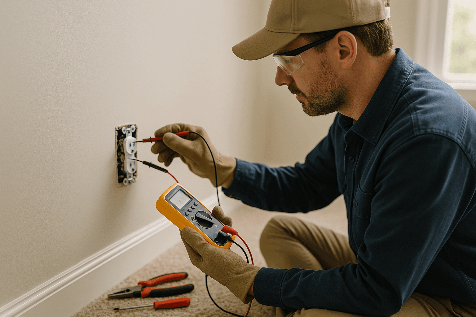 Homeowner testing electrical outlet with multimeter
