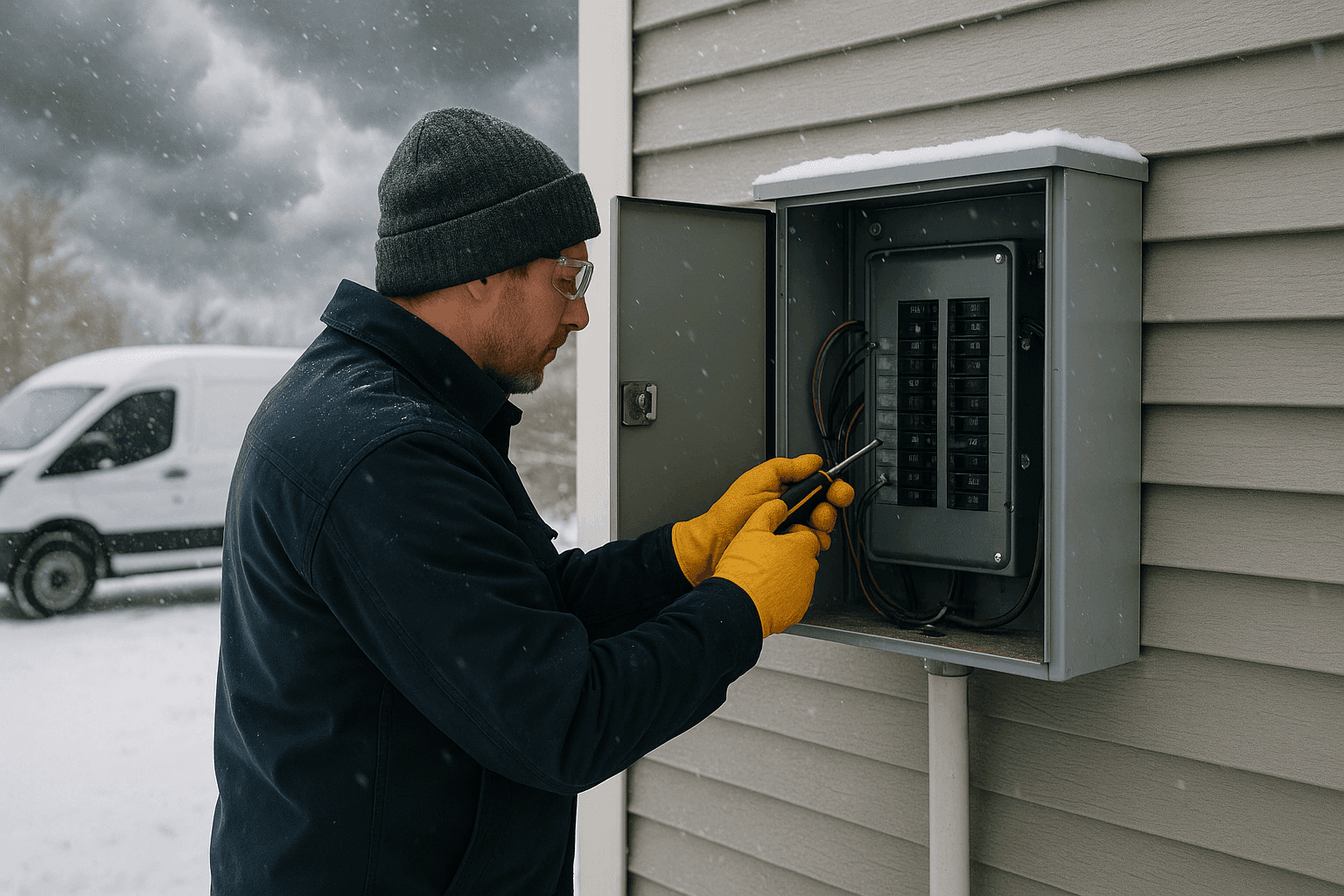 Electrician inspecting outdoor electrical panel during winter storm conditions