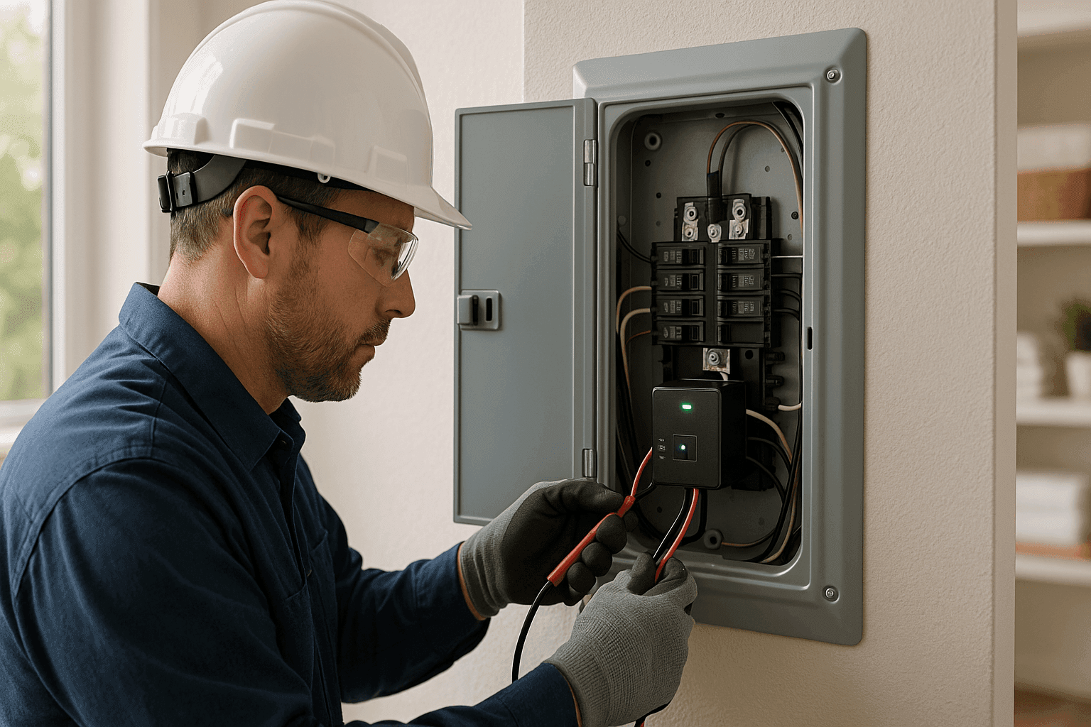 Electrician installing surge protector in residential electrical panel