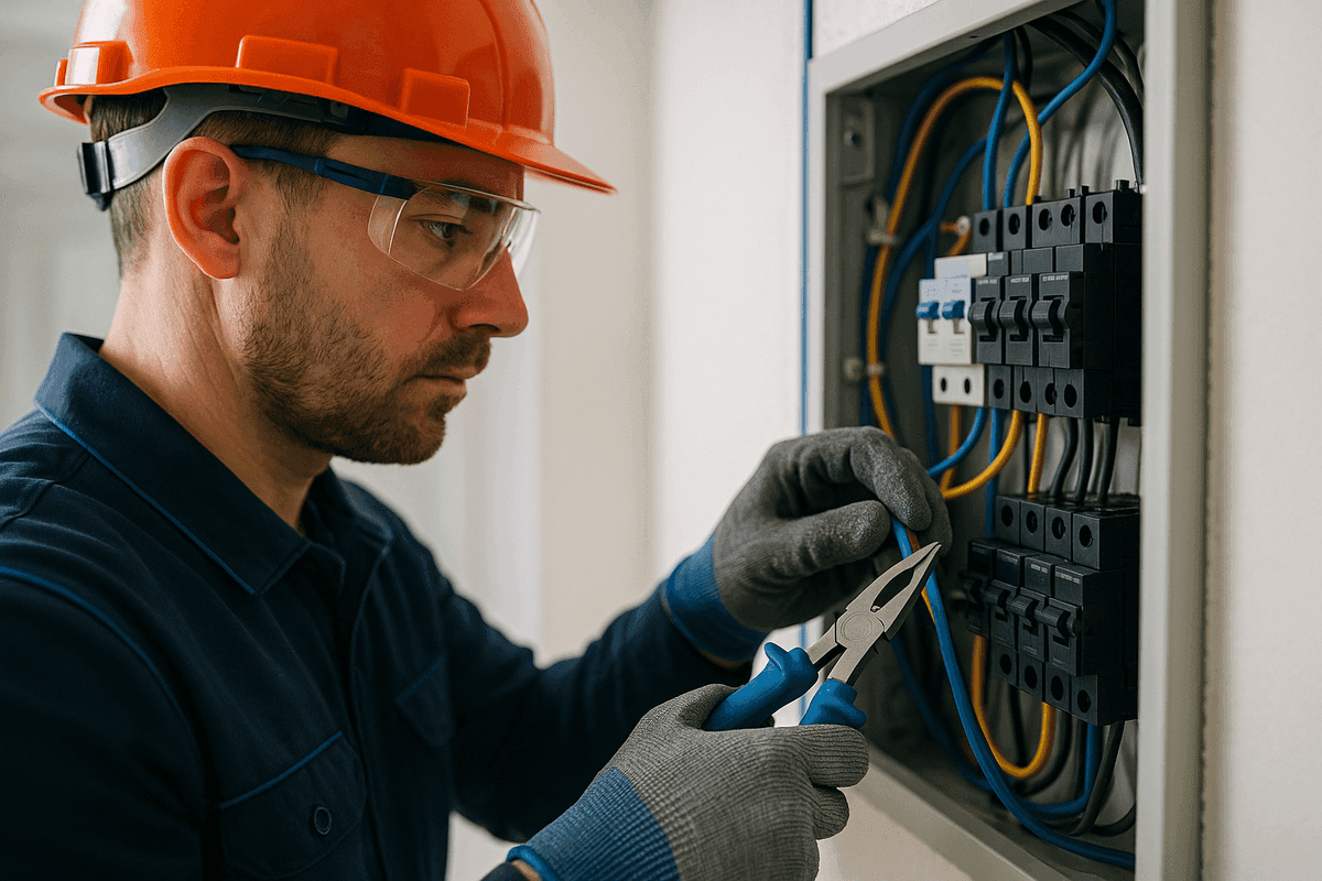 Close-up of electrician’s gloved hands connecting wires inside residential electrical panel in St. Francis